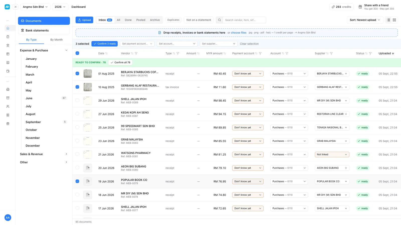 The actual AccPilot inbox: 78 documents read and ready to confirm, each with its suggested account and supplier, one click to confirm them all