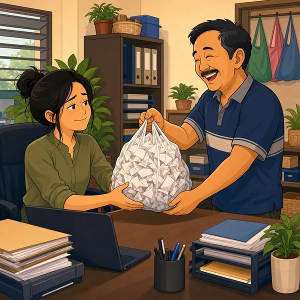 A shop owner hands the accountant a plastic bag stuffed with receipts
