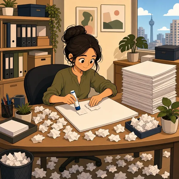 The accountant glues small receipts onto A4 sheets, one by one