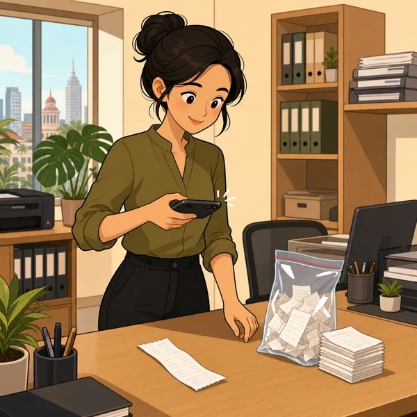 The accountant quickly snaps each receipt with her phone