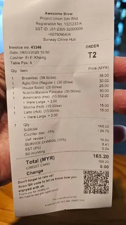 Cafe receipt from Awesome Brew dated 08/03/2025, seven items, total 165.20