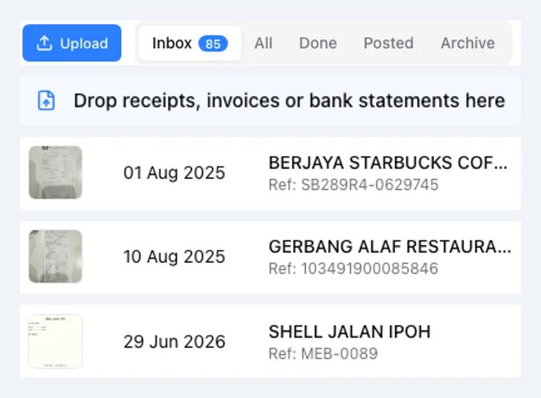 The AccPilot inbox: Upload button, the drop zone for receipts, invoices or bank statements, and documents listed as they arrive
