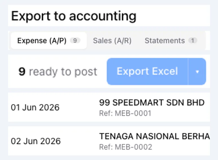The AccPilot export screen: approved documents ready to post, with the Export Excel button